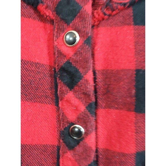 Reba Size Large Buffalo Plaid Red Black Snap Up Beaded Raw Edge Flannel Shirt - Picture 5 of 14